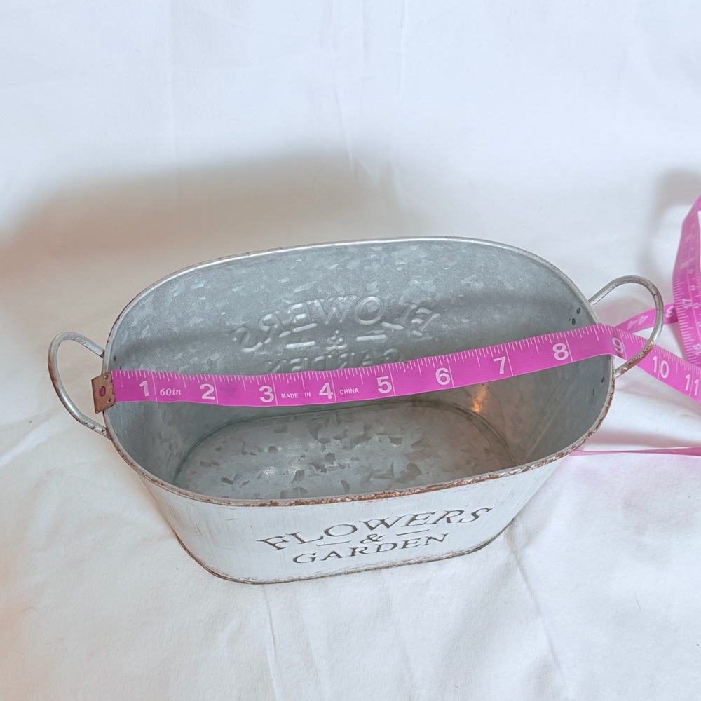 Rustic Galvanized Metal “Flowers & Garden” Oval Planter Bucket - Picture 7 of 10